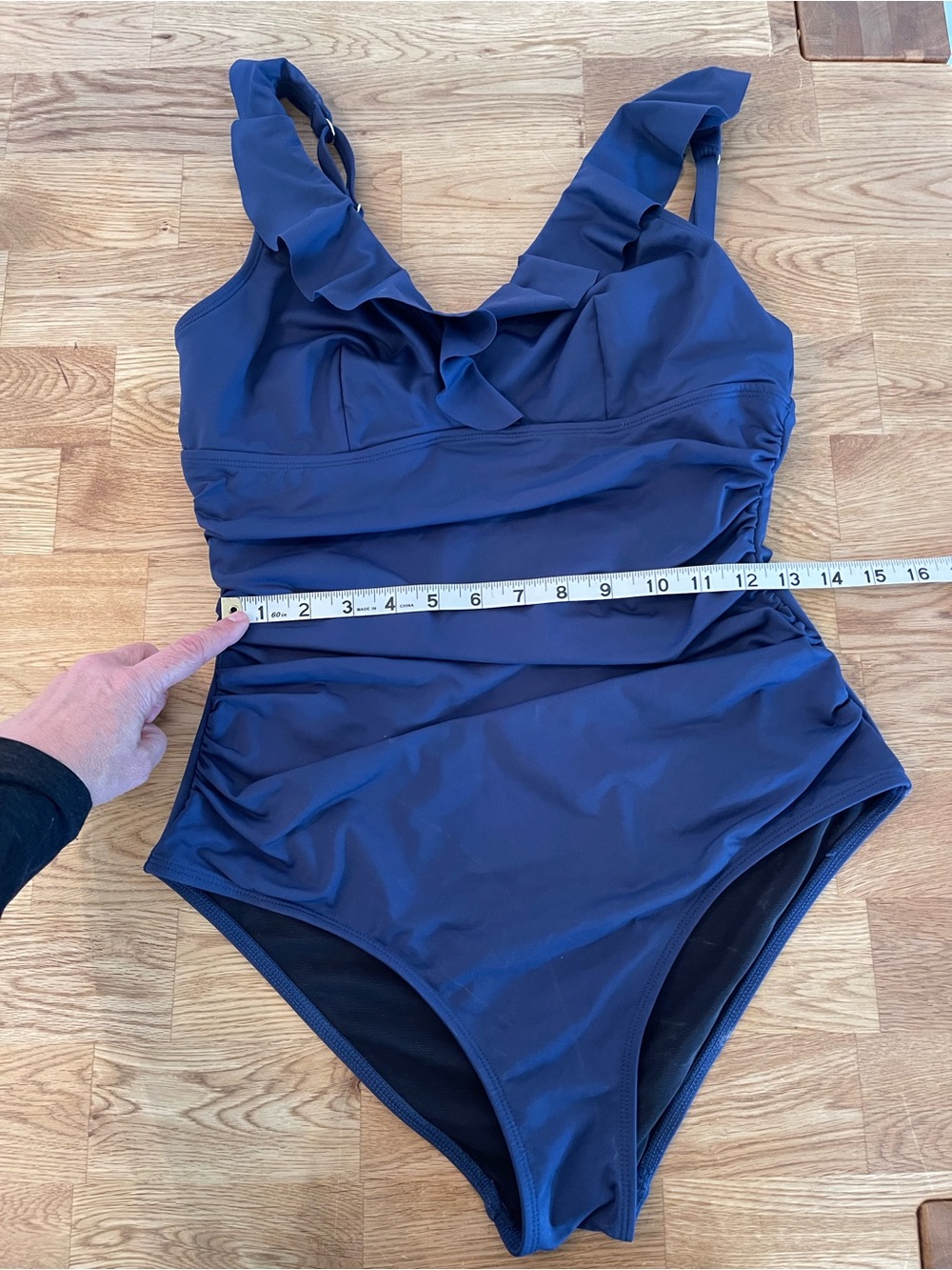CUPSHE One Piece V Neck Swim Suit, Adjustable Straps, Ruffles, Rouching, Navy - Picture 7 of 9